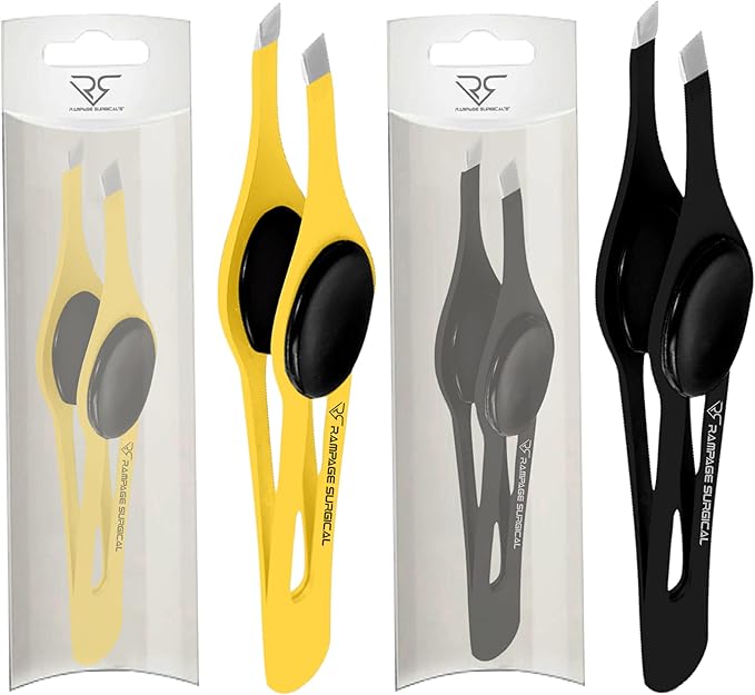 Professional Eyebrow Tweezers Slanted Tip Stainless Steel 2,3xPcs Set, Non-Slip Grip Slant Tip Tweezers for Facial Hair, Plucking Removing Ingrown Hairs, Tweezer for Women Men (Black&Yellow)