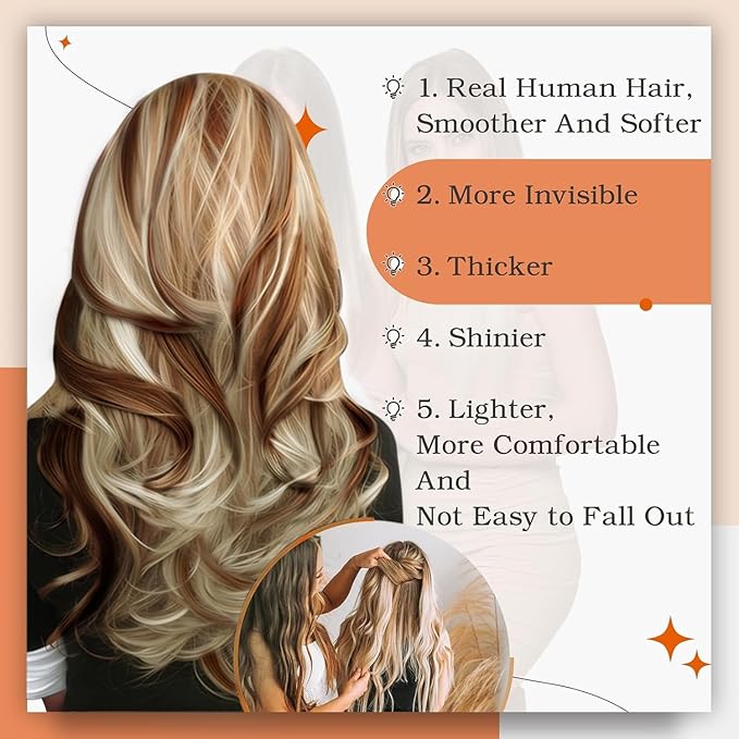 Full Shine Natural Tape in Hair Extensions Real Remy Hair Auburn Highlight Blonde Tape ins Human Hair Extensions 16 Inch Invisible Seamless Tape in Hair Extension Human Hair 50G Soft Extensions 20Pcs