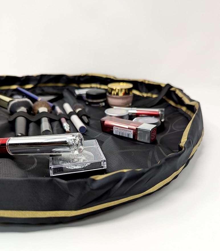 Lay-n-Go Cosmo Drawstring Cosmetic & Makeup Bag Organizer - Portable Drawstring Makeup Bag w/Zipper Pocket, Makeup Loops & More - Durable, Machine Washable Toiletry Bag (20", Black & Gold)