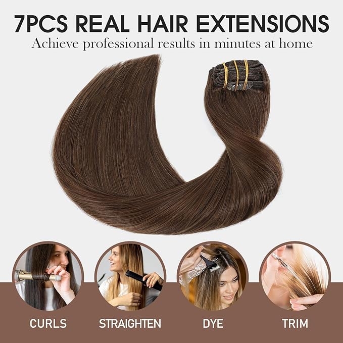 VINBAO Clip in Human Hair Extensions Chocolate Brown Real Human Hair Clip in Hair Extensions For Women 16in 7pcs 140g Dark Brown Full Head Double Weft (#HC4,16'')