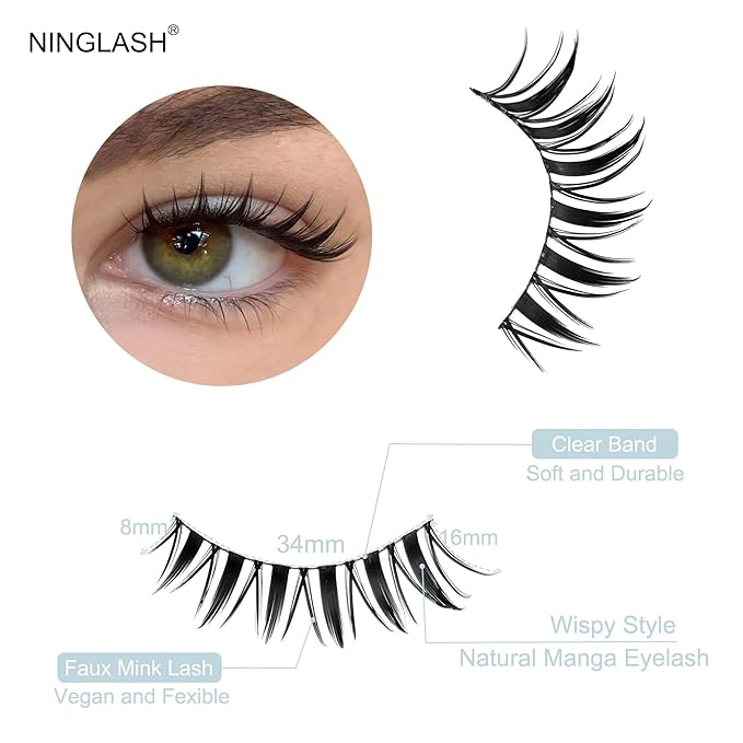 NINGLASH Fairy Lashes Manga Lash False Eyelashes Natural Look Anime Lashes Fake Lashes 16mm Eye Lashes Strips Lashes Wispy False Lashes Clear Band 7 Pairs Pack Spikes Lash