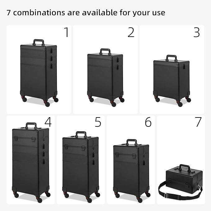 Rolling Makeup Case, Makeup Train Case with Lid, 5 in 1 Cosmetology Case on Wheels, Christmas Gift, Large Makeup Organizers, Profesional Cosmetic Case for Salon Barber, Black