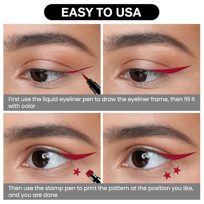 evpct 1Pcs 2-in-1 Red Colored Winged Eyeliners Stamp, Red Stars Face Stamps Makeup, Waterproof Eyeliner Eye Stamp Liners Tool Set Kit for Womem, Wing Eyeliner Stamp Figures Tool Wingliner Shapes, 10#