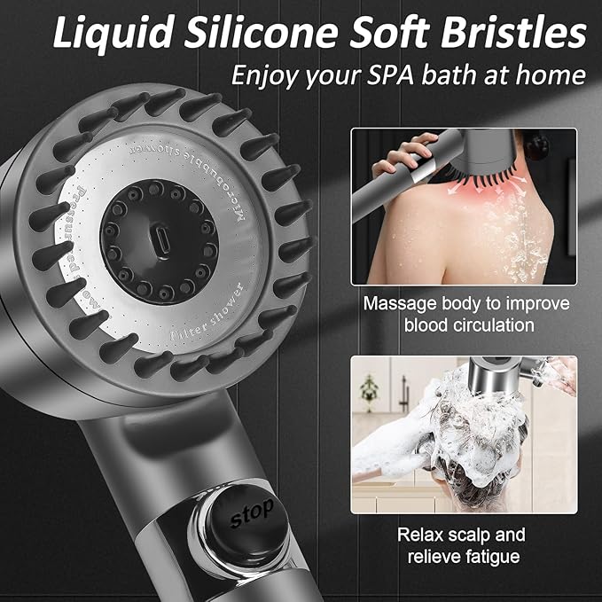 Luxsego High Pressure Shower Heads with Scalp Massager Shampoo Brush for Skin & Hair Care, Filtered Shower Head with Handheld Sprayer Soften Hard Water, 3 Settings 4 in 1 Detachable Showerhead Set