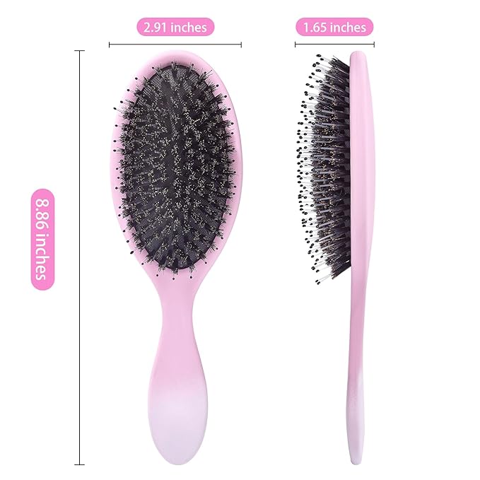 Boar Bristles Hair Brush for Women and Men, Detangling Hair Brush for Smoothing Massage Add Shine, Nylon&Boar Bristles Detangler brush for Hair Healthy (Pink&White)