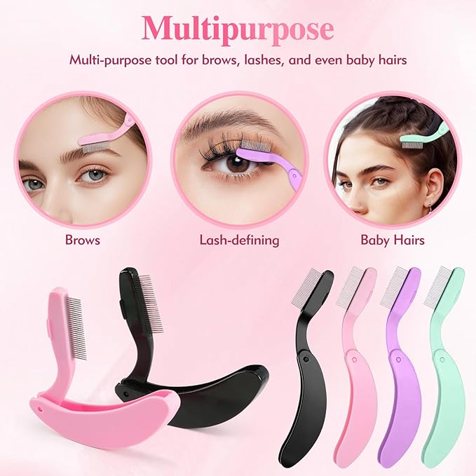 4-Pack Eyelash Combs, Eyelash Separator Tool for Clump-Free & Defined Lashes, Folding Lash Comb Eyelash Brush with Steel Comb Teeth
