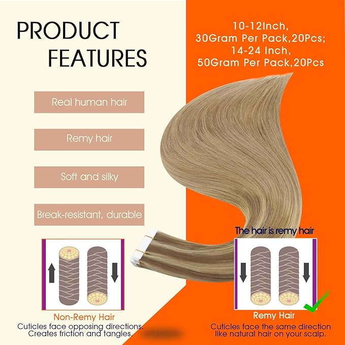 Full Shine Hair Extensions Real Human Hair Tape ins Long Remy Tape in Extensions Color Golden Brown And Golden Blonde 20Inch Invisible Skin Weft 50Gram Straight for Party Double Sided