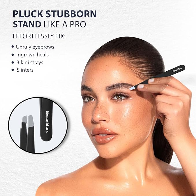 Slant Tip Eyebrow Tweezer for women & men – Stainless Steel Tweezers, Stocking Stuffer for women & men,Facial Hair Removal tweezers for Chin hair, Ingrown Hair tweezer, Black Travel tweezers with case
