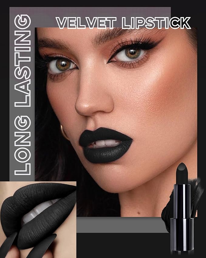Black Lipstick Long Lasting for Women, Hydrating Matte Velvet Lip Gloss Superstay Liquid Lipstick Intense Color Non Stick Smudge-Proof & Waterproof Lipgloss Bold Glow Goth Lip Stick Makeup-05