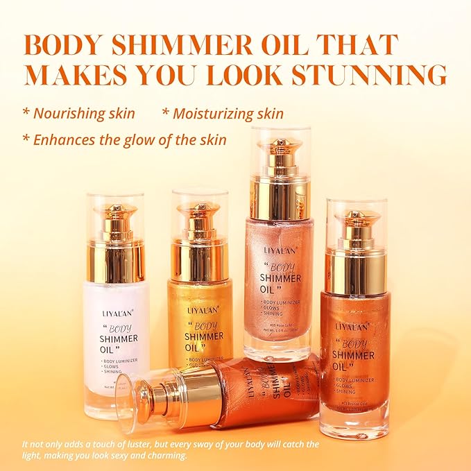 Liyalan Shimmer Body Oil 5 Color Options 1.0 fl.oz Face Glow Pearl Highlighter Illuminator Long-Lasting Shine Glitter Liquid Tanning with Makeup Brush Included (#04 Golden Brown)