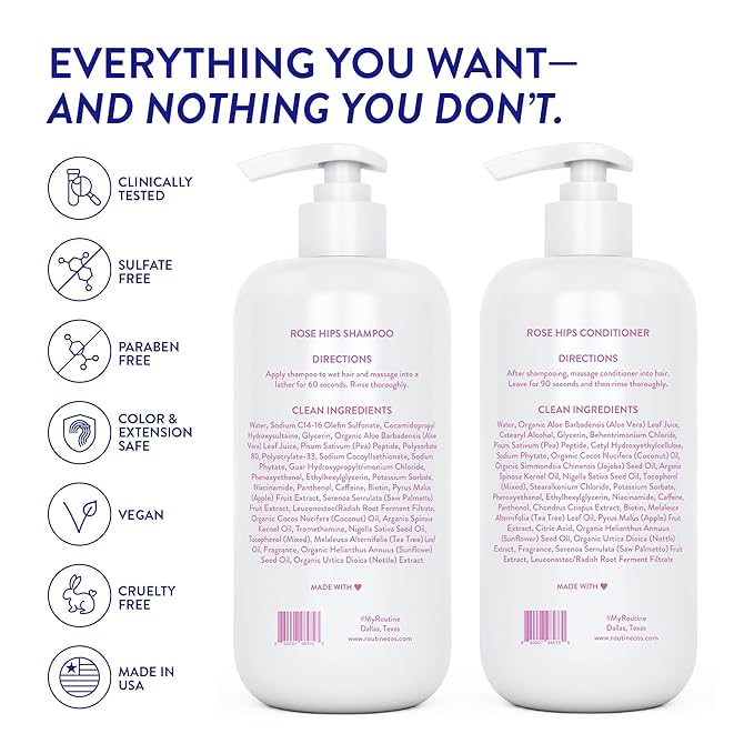 Routine Wellness Bundle - Shampoo and Conditioner Set for Thinning Hair, Two Serums for Scalp Health, Hair Growth Supplement & Hair Mask - Rose Hips