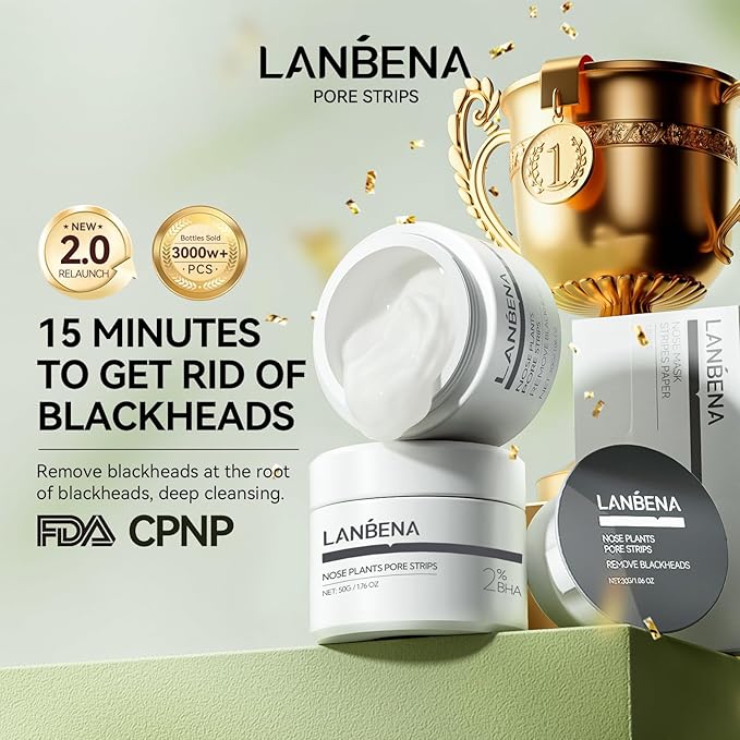 LANBENA Pore Strips (50g/1.76 Oz), 100 pcs Nose Strips, Blackhead Remover Mask, NOTICE: Cream Goes Dried out & Rubbery At Low Temperature, Place Bottle in Boiling Water to Soften