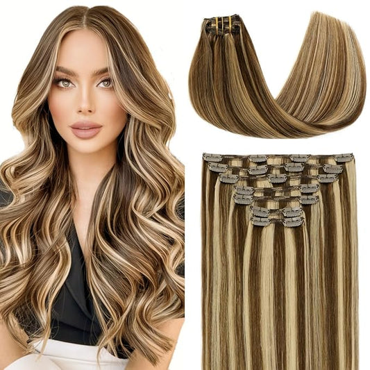 VINBAO Clip in Hair Extensions Real Human Hair Highlights 20In 160G Full Head Clip in Hair Extensions Brown Mix Honey Blonde Straight Remy Hair 7Pcs Thick End (#HC4P27,20'')