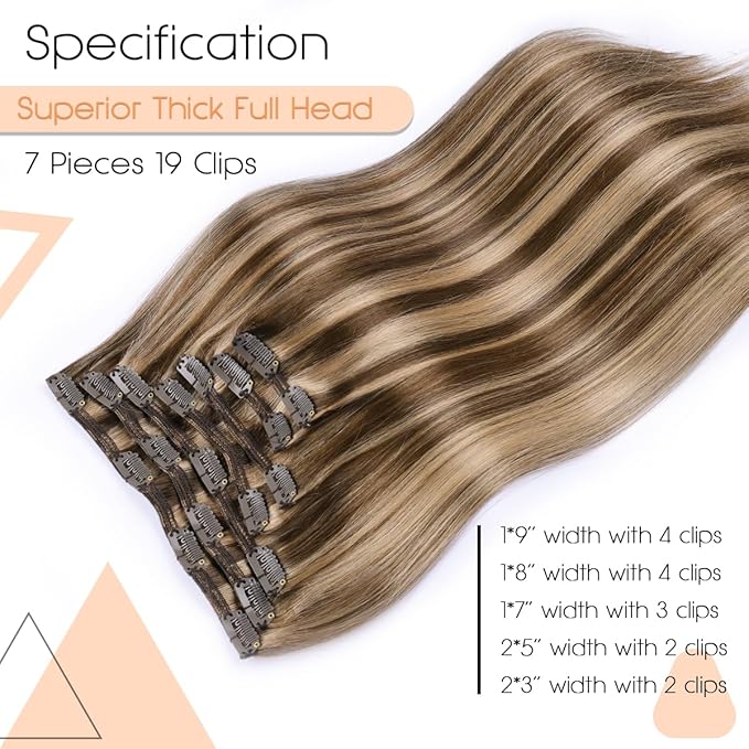 VINBAO Thick 160g Clip In Hair Extensions Real Human Hair Color 4 Chocolate Brown to 27 Dark Blonde Balayage Remy Hair 22Inch 7PCS Straight Thick End Double Weft (#HC4P27,22'')