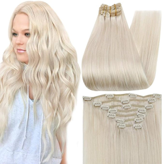 Full Shine Platinum Blonde Hair Extensions 20 Inch Blonde Clip in Hair Extensions for Dying for Dance 120 G 7 Pcs