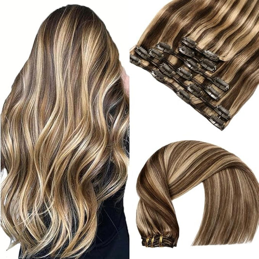 VINBAO Clip in Human Hair Extensions Silk Soft Remy Human Hair Color 4 Medium Brown Highlighted 27 Caramel Blonde Clip in Hair Extensions 18 inch 120 Gram 6 Pcs Double Weft (#4P27, 18'')