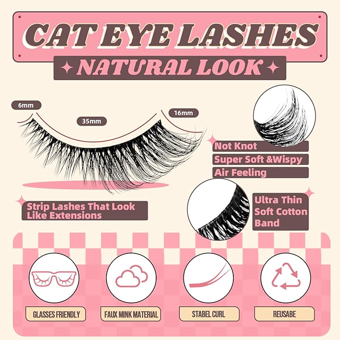 Natural Cat Eye Lashes Wispy False Eyelashes Thin Cotton Band Soft Mink Lashes Natural Eye Lashes Pack 10 Pairs by FADVAN-BY003
