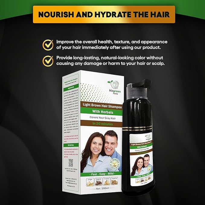 Ammonia-Free & Paraben Free Herbal Hair Shampoo - Hair Dye Shampoo for Women & Men - Natural Color and Herbal Nourishment - No Stain on Skin - Light Brown (2 bottles x 200 ml)