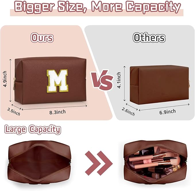 TOPEAST Preppy Small Makeup Bag, Chenille Letter Pouch Cosmetic Bag With Zipper, PU Leather Waterproof Toiletry Bag, Personalized Birthday Gift for Women, Cute Stuff for Girls (Brown D)