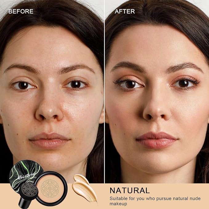 Mushroom Head Air Cushion CC Cream - BB Cream Face Makeup for Mature Skin, Moisturizing Cover Balm Foundation & Long-Lasting Color Correcting Concealer, Even Skin Tone for All Skin Types (Natural)