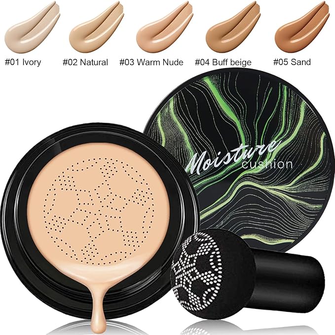 2 PCS Mushroom Head Air Cushion CC Cream Nature Foundation,Foundation Brush Powder Brush,Moisturizing Concealer, Bright Makeup Base Long Lasting with Mushroom Makeup Sponge(#03 Warm Nude)