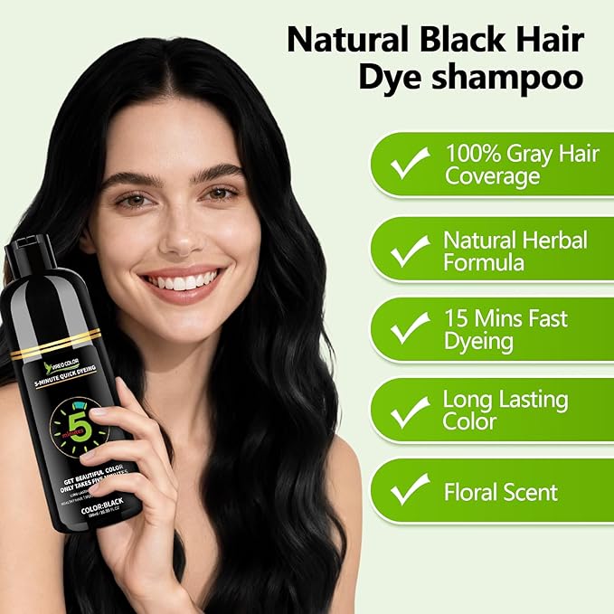 Black Hair Dye Shampoo for Women & Men, 5 Min Gray Coverage, 3 in 1 Semi-Permanent Color with Natural Herbal Ingredients