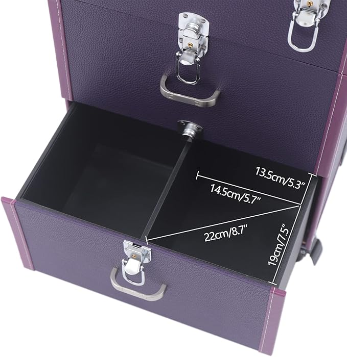 Makeup Train Case, Rolling Makeup Trolley Case, 3 Tiers Lockable Nail Polish Organizer with 2 Keys 4 Wheels (2 with Brakes) for Travel Makeup Artists Nail Technicians (Purple Case, Silver Lock)