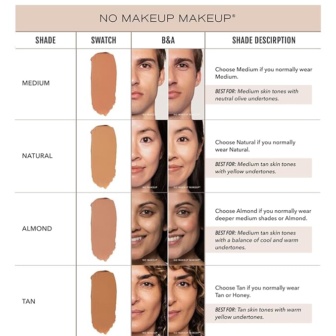 Foundation by No Makeup Makeup | Conceal & Correct with Long-Lasting, Buildable Formula & Lightweight Soft Finish | Cruelty-Free, Vegan, Fragrance-Free | Almond
