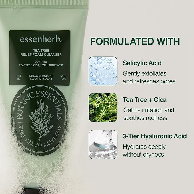 Tea Tree Foam Cleanser – Korean Face Wash with AHA & Hyaluronic Acid for Sensitive, Dry Skin – Gentle, Hydrating Daily Cleanser for Pores & Blemish-Prone Skin (150ml / 5.07 fl.oz)