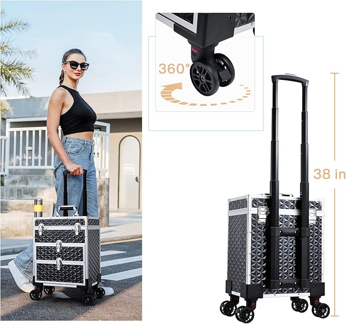 FRENESSA Professional Rolling Makeup Case Aluminum Trolley Train Case with 360° Swivel Wheels for Makuep Artist Travel Cosmetic Organizer with Sliding Drawers for Nail Tech Hairstylist Barber, Black