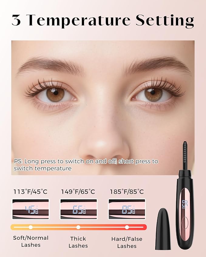 Heated Eyelash Curler for Women, 10s Fast Heating, 3 Heat Settings (113°F-185°F), Rechargeable Electric LASH-Lift Heated Lash Curler, Travel-Friendly Makeup Tool Gift