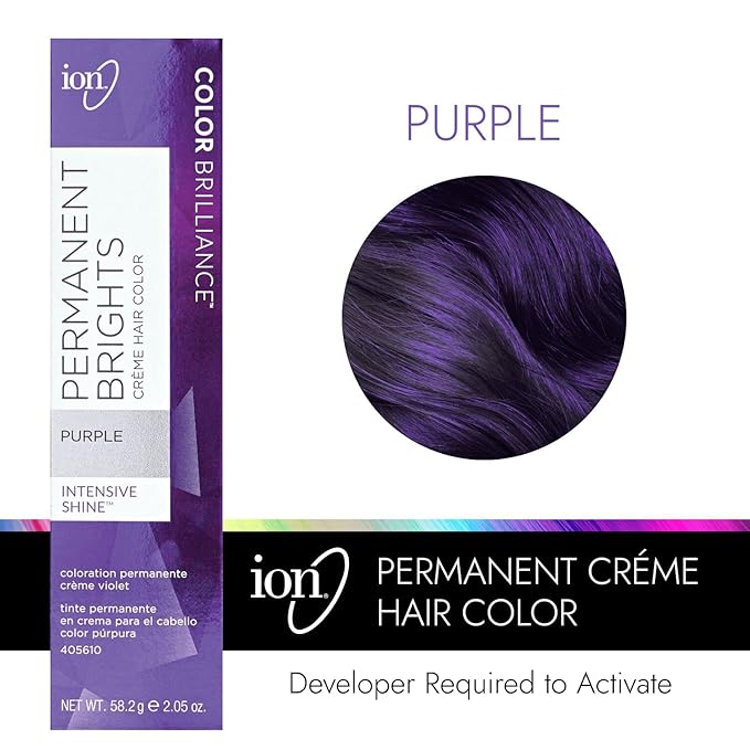 Ion Permanent Brights Creme Hair Color Purple, Vegan, Cruelty Free, PPD Free, 100% Gray Coverage, Long Lasting, Fade Resistant Color, 2.05 oz