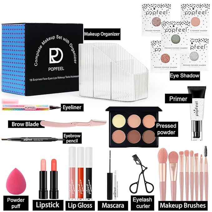 Makeup Set, Cosmetic Make Up Starter Kit with Portable Travel Concealer Palette Lipstick Lip Gloss Eyeliner Mascara Eyeshadow Primer Eyebrow Pencil Eyelash Curler Makeup Brushes for Women