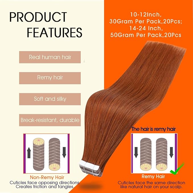 Full Shine Human Hair Extensions Tape in Color 550 Copper Remy Tape in Hair Extensions 10Inch Short Seamless Invisible Adhesive Skin Weft for Natural Look 30G 20Pcs Add Volume for Party