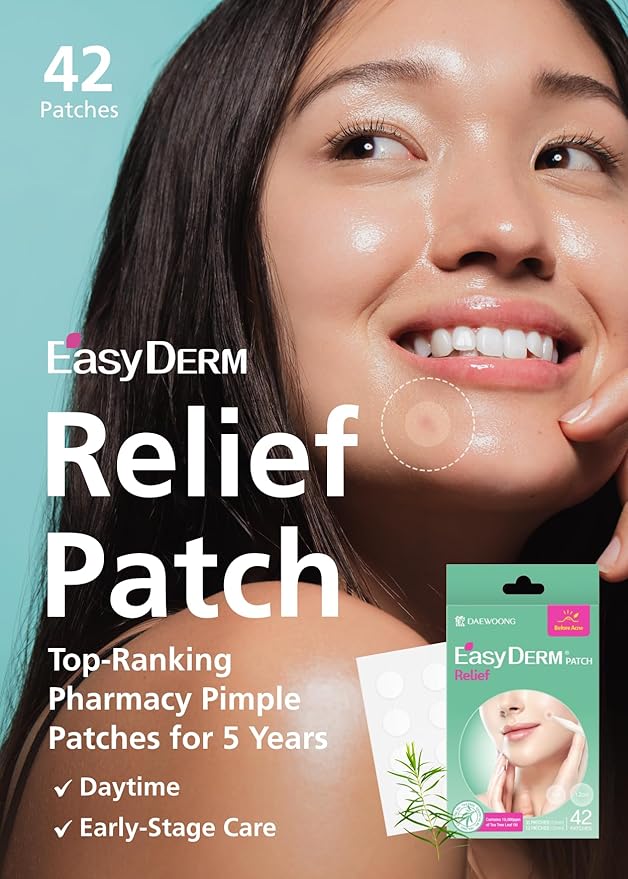 EasyDerm Relief Invisible Patch(42 counts) I Contains 10,000ppm of Tea Tree Oil, Pimple Patch, Ultra-slim 0.1mm, Waterpoof, Korean Pimple Patches Stocking Stuffer Holiday Gift MUST HAVE