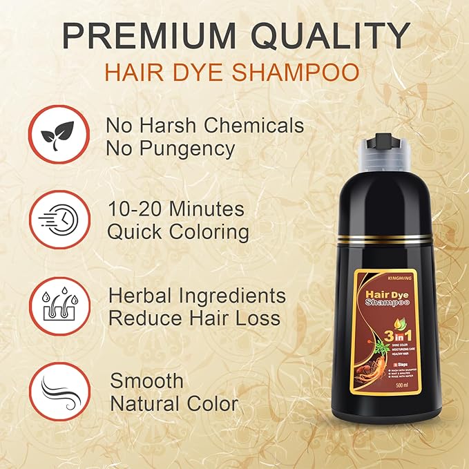 KINGMING Dark Brown Herbal Instant Color Shampoo for Gray Hair Coverage for Women & Men - 3 in 1 Champu Con Tinte Para Canas 500ml