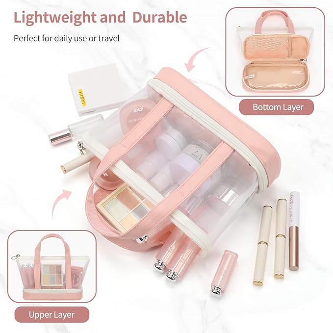Small Multi-Functional Makeup Bag for Teens and Women Cute Cosmetic Case with Zipper Pouch/Double Handle for Travel Daily Use Multi-Scene Storage - Perfect Christmas or Birthday Gift for Girls - Pink
