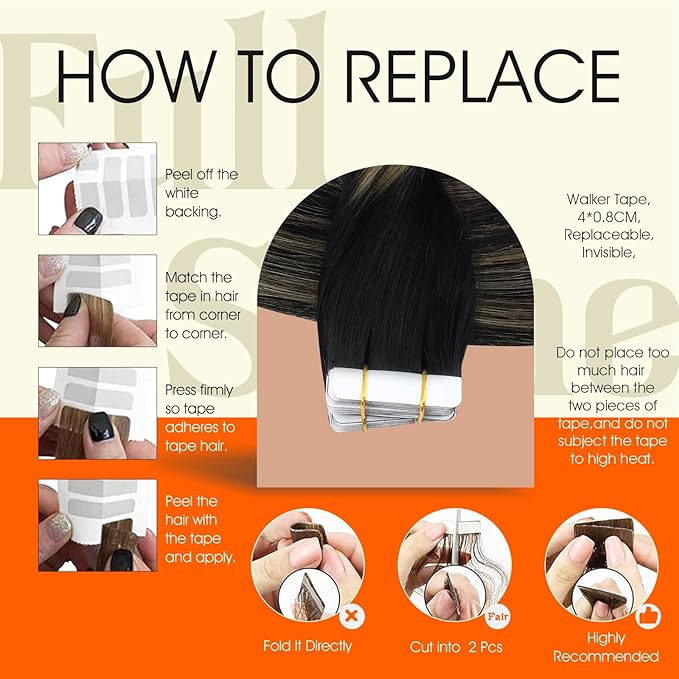 Full Shine Blonde Tape in Hair Extensions Human Hair 20Inch Color 1B/27/1B Black Highlighted Honey Blonde Remy Tape in Extensions Real Human Hair 20Pcs 50G Double Sided Tape in Hair Invisible Tape ins