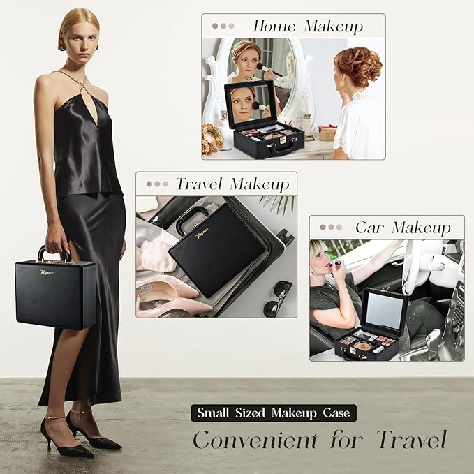 Joligrace Travel Makeup Case, Travel Makeup Organizer Case with Mirror, Makeup Train Case Leather Portable Makeup Box Storage Bag,with Adjustable Dividers & Brush Holder (Black)