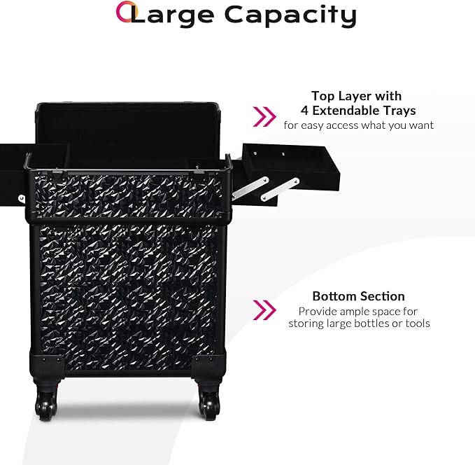 BYOOTIQUE Rolling Makeup Train Case on Wheels Large Cosmetic Travel Organizer Eyelash Storage Box for Nail Tech Beauty Salon Manicurist Barbershop,Mermaid Black