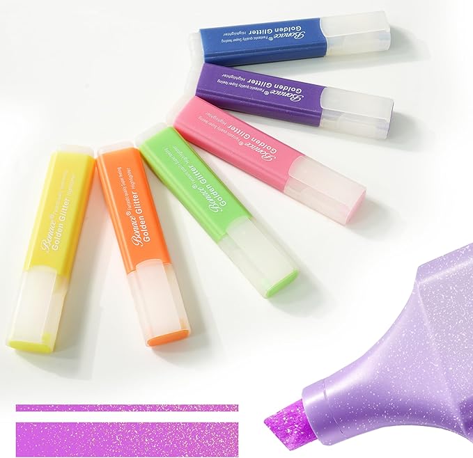 Silver Glitter Highlighters - Chisel Tip, No Bleed, Assorted Colors - 6 Pack Metallic Colors Cute Highlighter Markers, Pastel Highlighters for Journaling and School Supplies for Girls