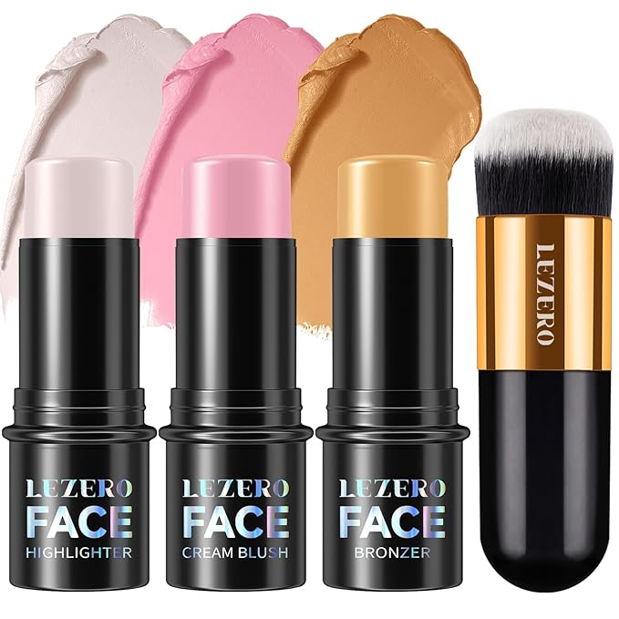 Lezero 3Pcs Contour Stick Makeup Kit, Shades with Matte Finish Highlighter, Blush and Bronzer Stick for Sculpt the Face and All Skin Type, Long Lasting, Smooth, Non-greasy, #2 LIGHT FAIR