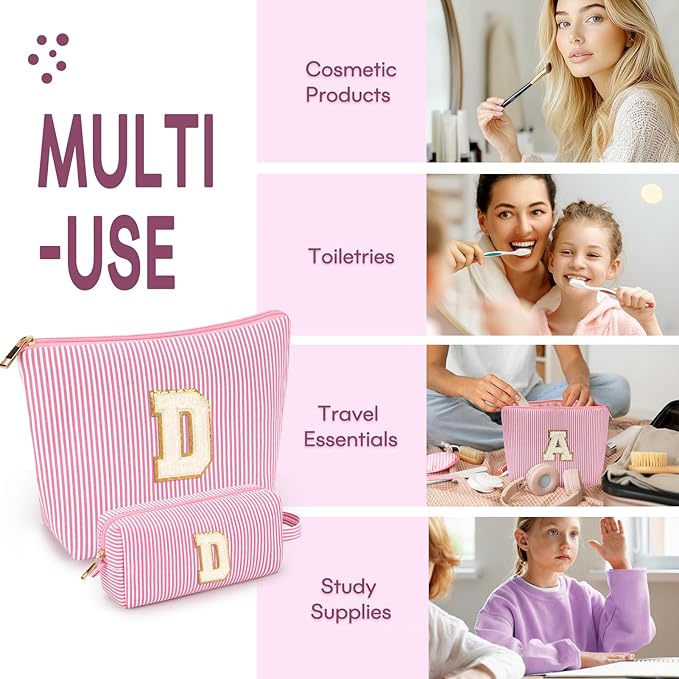 2 PCS Initial Makeup Bags for Women: Cosmetic Bag for Travel Toiletry - Birthday Gifts for 11 12 13 14 15 16 17 18 Years Old Girl Graduation Teacher Gift- Teen Girl Gifts Trendy Stuff - Pink D