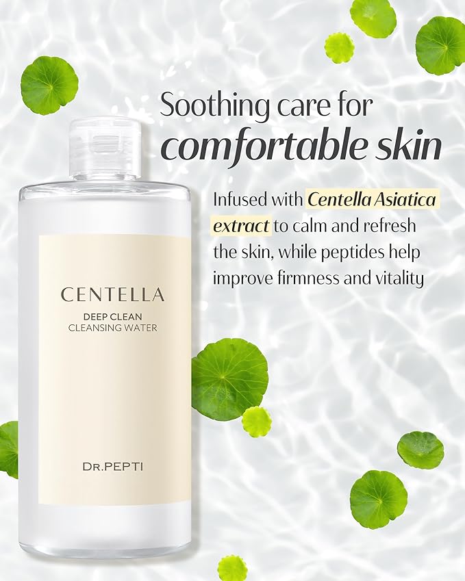 DR.PEPTI Centella Deep Clean Cleansing Water - Korean Micellar Makeup Remover Face Cleanser - pH Balancing Hydrating Gentle for Sensitive Dry Skin Apple Amino Acids Peptides, 13.5 fl.oz.
