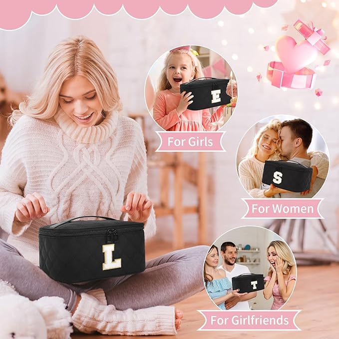 OCHEAL Makeup Bag for Women, Monogram Cosmetic Bag with Brush Holder,Black Travel Makeup Case Beauty Toiletry Bag Organizer Personalized Gifts for Girls Bridesmaid, Sister, Wife, Friends Initial L