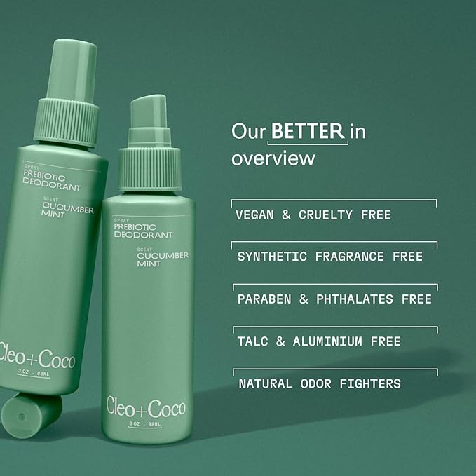 Cleo+Coco Prebiotic Deodorant Spray, Cucumber Mint (3.0 oz), Multi-Use Deodorizing & Soothing Body Spray for Women and Men, Aluminum-Free & Vegan Whole Body Deodorant