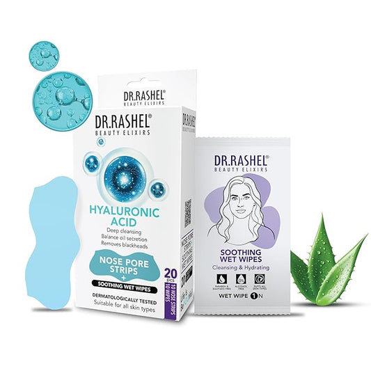 DR.RASHEL Hyaluronic Nose Pore Strips For Pore Cleansing, Instant And Painless Blackheads Removal | Deep Purifying Blackhead Remover Strips for Nose | 20 PCS (10 Strips & 10 Wipes)