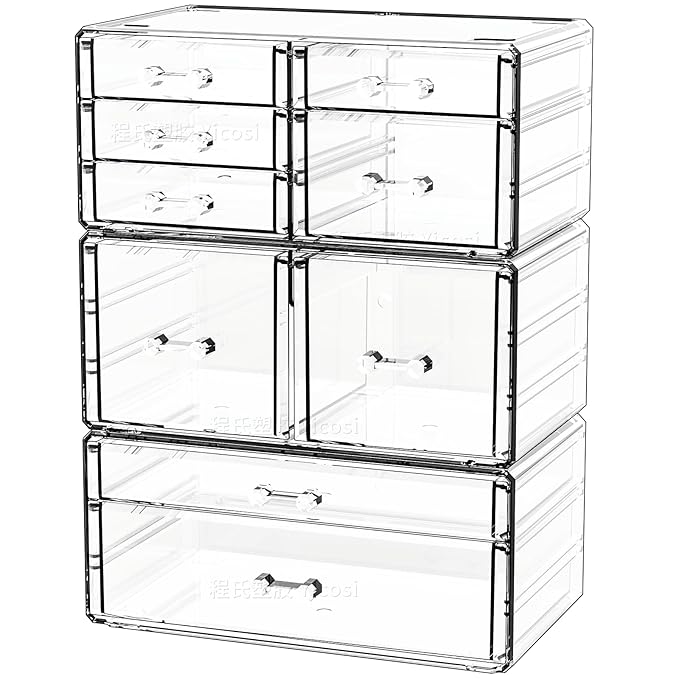 Cq acrylic Clear Stackable Storage Drawers,Plastic Makeup Organizer and Bathroom Storage Bins WIth 9 Drawers For Make up,Medicine,Craft,Pen,Beauty and Office Supply Organizer