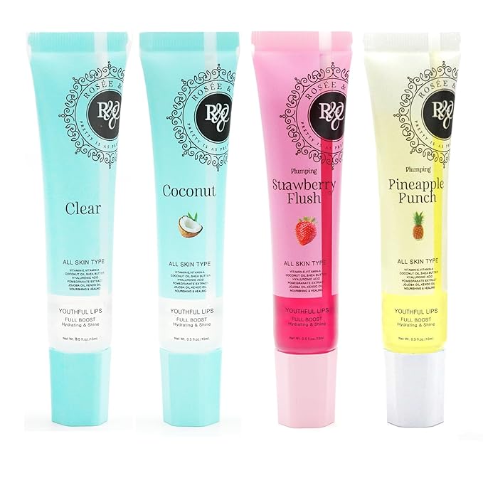 ROSÉE & CO Rosee Lip Gloss Vegan & Cruelty Free Treatment, Professional Make up, Long Lasting Glossy with Shea Butter, Moisturize, Protect & Smooth, High Shine, Non-Sticky - Set of 4-6