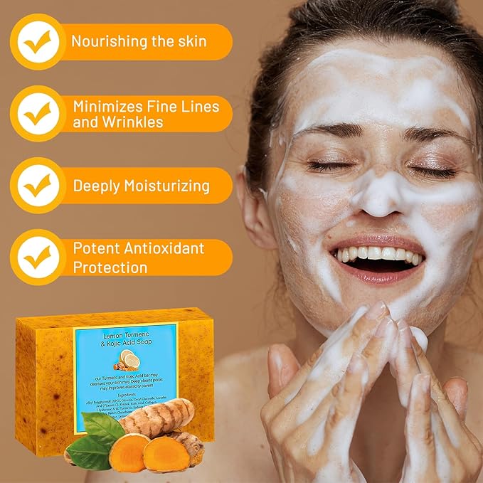 Lemon Turmeric Kojic Soap - Turmeric Soap Bar for Face and Body, Natural Handmade Soaps Bar for All Skin Types, Daily Use Skin Care Deep Cleansing Moisturizing (2pcs)
